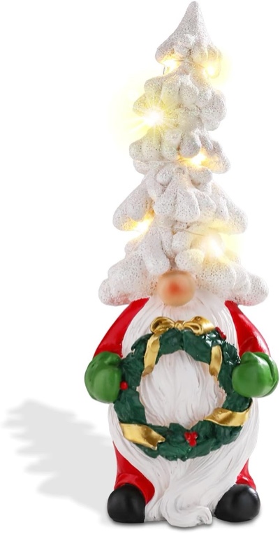 Ovewios Christmas Gnome Decorations, 11” Lighted Up Resin Gnomes Christmas Tree, Small Mini Prelit Xmas Decor for Home Tabletop Room Desk Fireplace Office