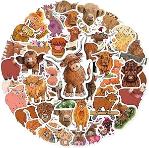 50pcs Cute Highland Cow Stickers for Water Bottles Scottish Highland Cattle Laptop Phone Luggage Sticker Vinyl Decal Stickers for Kids Toys Girls Gifts Party Favors Decor (Highland Cow)