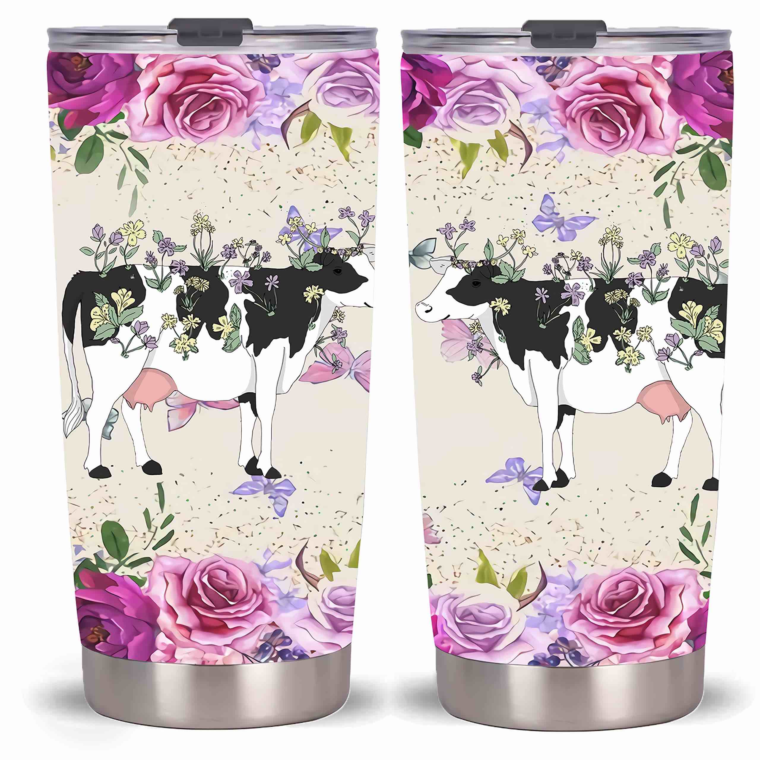 Qdkva Cow 20 oz Tumbler Travel Mug Stainless Steel Vacuum Insulated Cup With Lid (Fuchsia Floral and Cow)