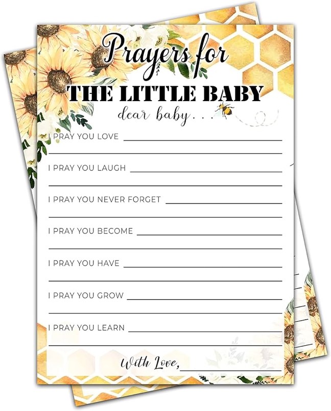 DZIMY Baby Shower Games, Honey Bee & Sunflower Theme Gender Neutral Cards - 25 Prayers for The Little Baby Games - Gender Reveal & Baby Announcement Party Supplies-B15