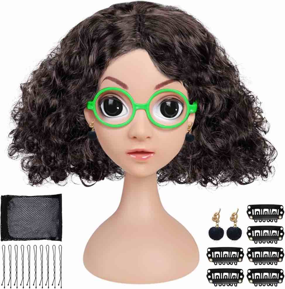Girls Costume Wig Encanto Mirabel Costume Accessories with Green Round Frame Glasses Blue Pom Clip-on Earrings for Kids Themes Party Cosplay Halloween Dress Up