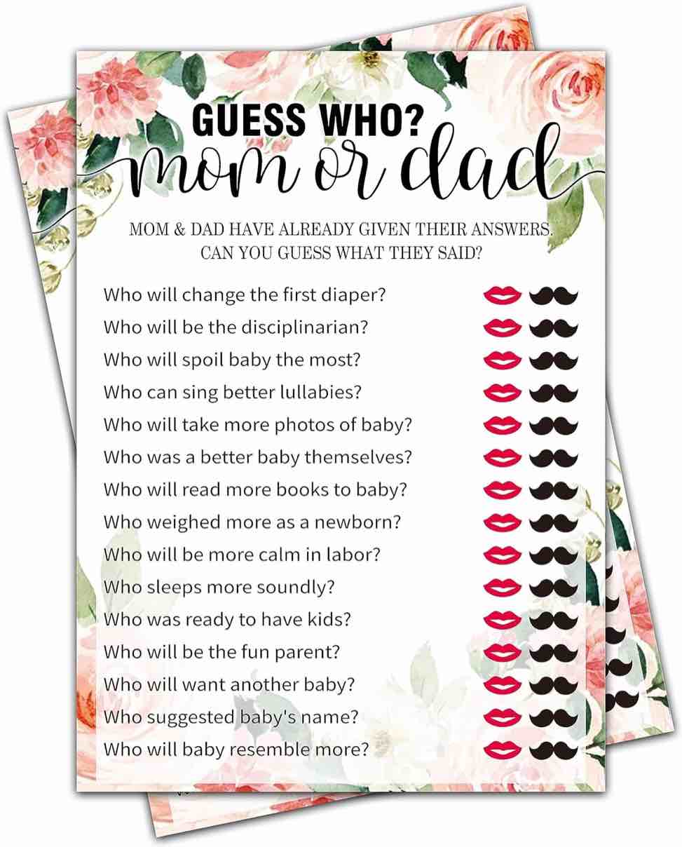 DZIMY Baby Shower Games, Watercolor Floral Theme Gender Neutral Cards - 25 Guess Who Mom or Dad Games - Gender Reveal & Baby Announcement Party Supplies-B08