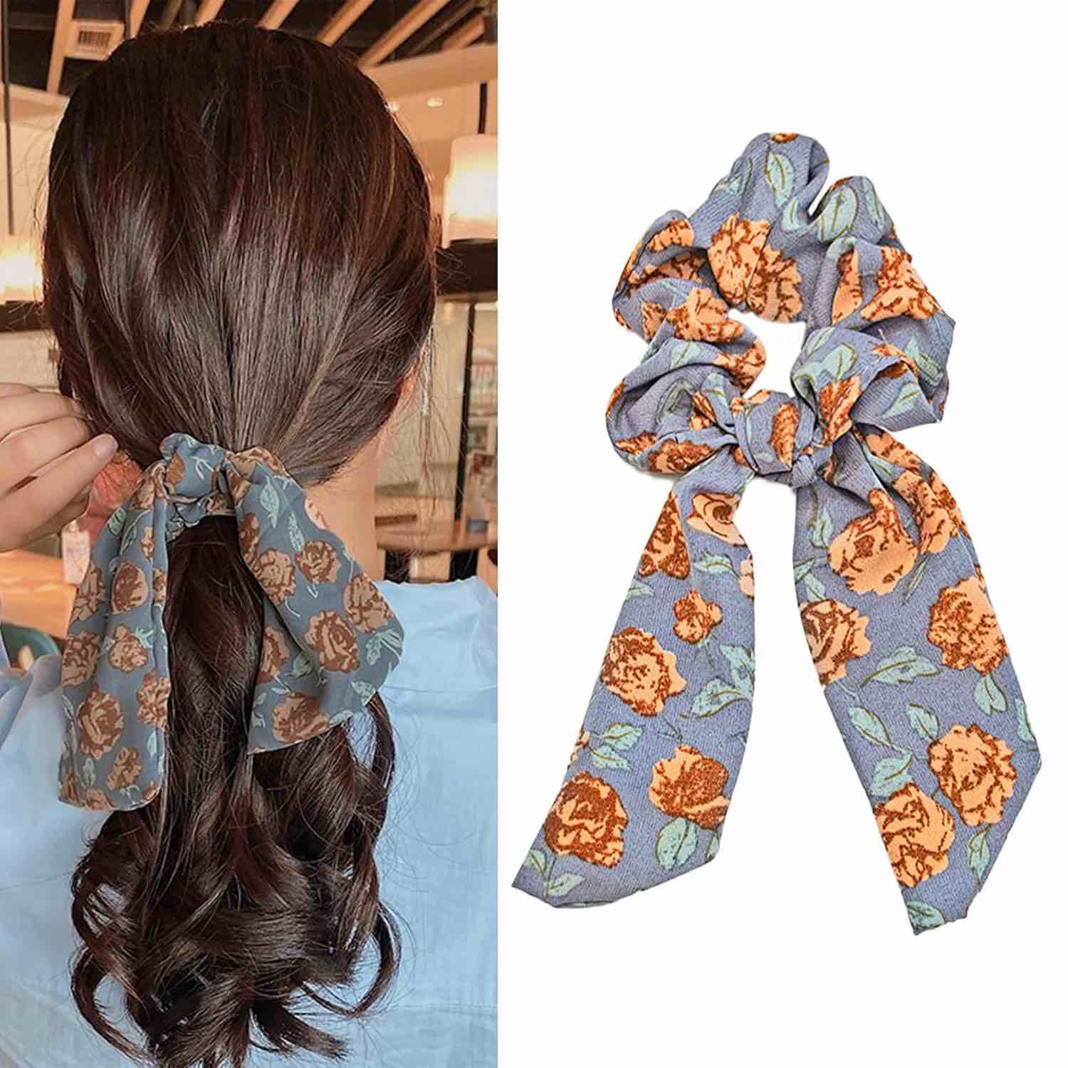 Bowknot Hair Scrunchies Silk Satin Scarf Hair Ties Floral Hair Ribbons Vintage Hair Bands Hair Scrunchy Accessories Ropes for Women,Style3