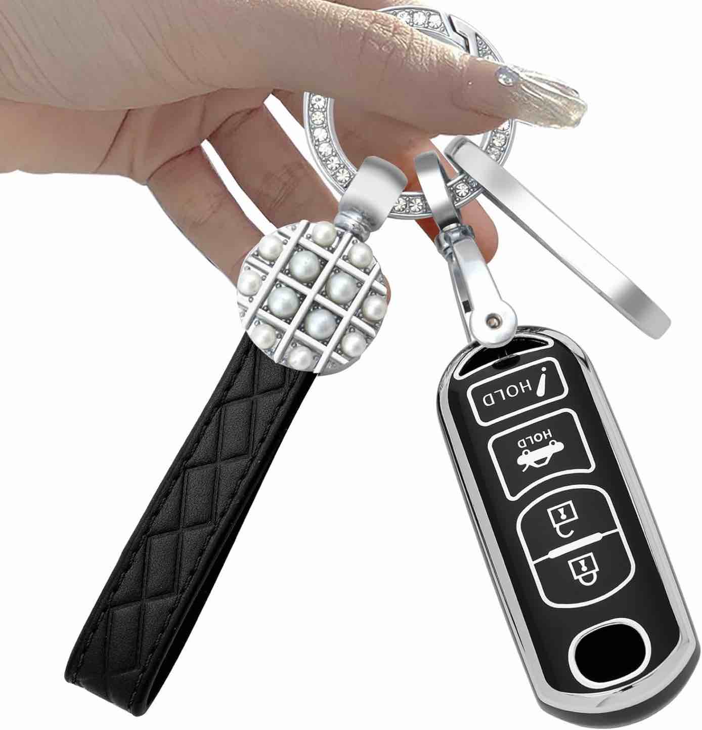 YSK-LX for Mazda Key fob Cover Two Different Materials of Keychain Key Ring Accessories for Mazda 2019-2022 Mazda 3 Hatchback 2020-2022 Mazda CX-5 CX-30 CX-10 etc Smart Key…, (B Silver Black), 6.22X4.72X1.53in