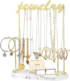 Emibele Jewelry Organizer Stand Necklace Holder, 3 Tiers Jewelry Holder with Resin Ring Tray Gold Metal Rack, Necklace Hanging Storage Bracelet Watch Earring Display Stand Jewelry Tree, Marble White