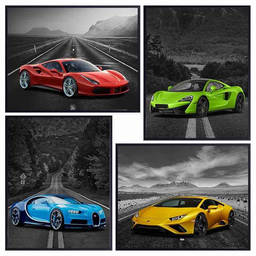 Car Posters Lamborghini Mclaren Ferrari Bugatti Poster Paris Eiffel Tower, Big Ben, B, Louvre, Car Wall Art Set of 4 Unframed