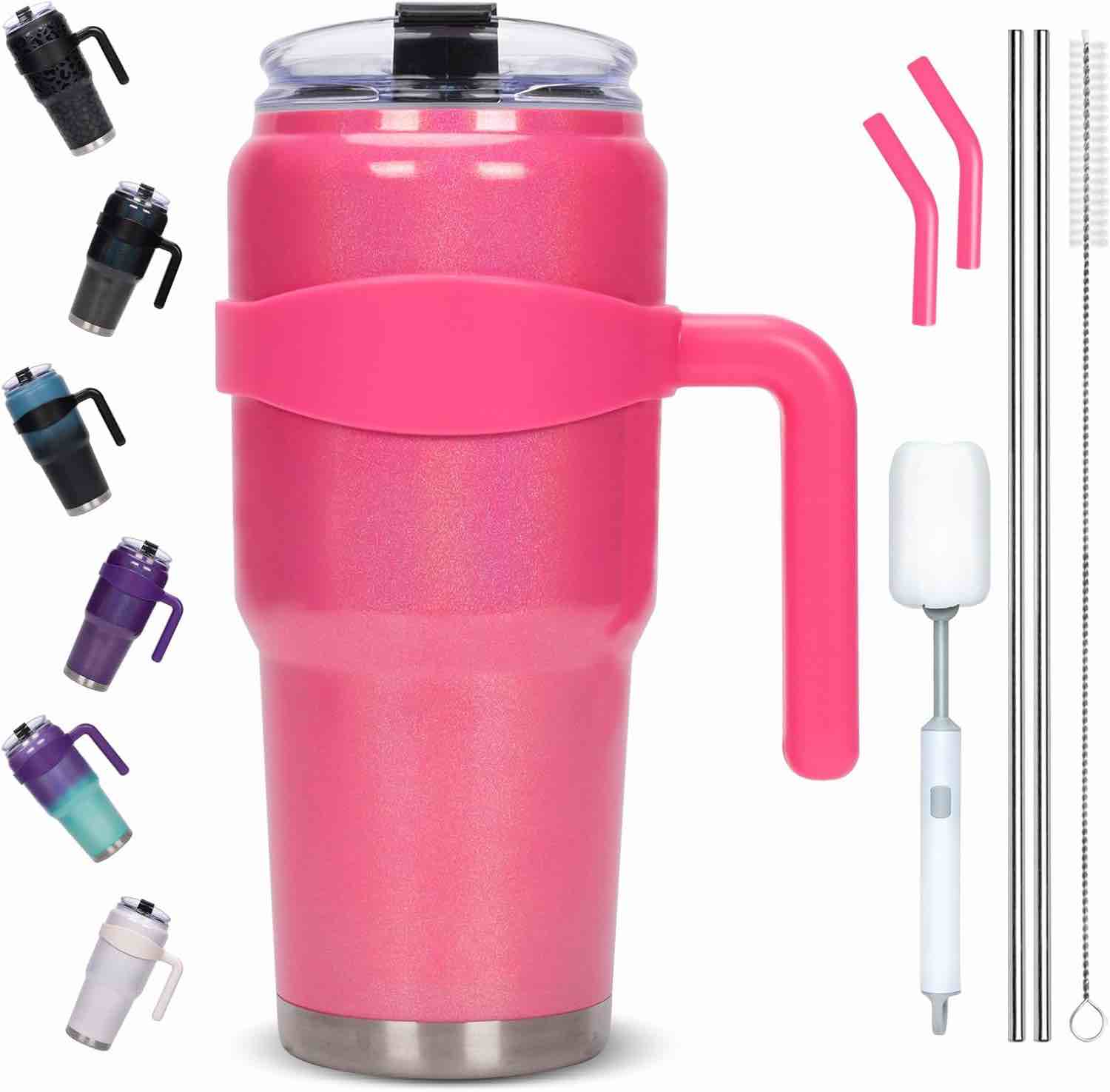 LAOION 40 oz Tumbler with Handle and Straw,Stainless Steel Dual Insulated Large Cup with Leak Proof Screw Seal Lid,Fit Most Cupholders,Keeps Drinks Cold for 24 Hrs,Sweat Proof,BPA Free-Hot Pink