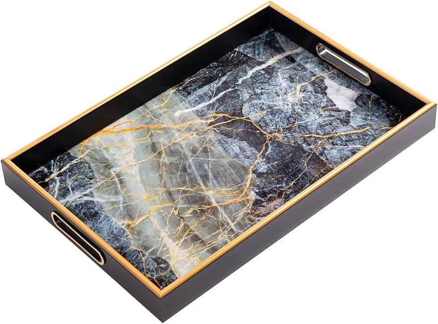 Anmmy Serving Perfume Decorative Tray Bed Bathroom Tray Jewelry Food Marble Gold Trays with Handals for Dinner Couch Outdoor Bar Organizer Rectangle Drink Coffee Fruit Tray