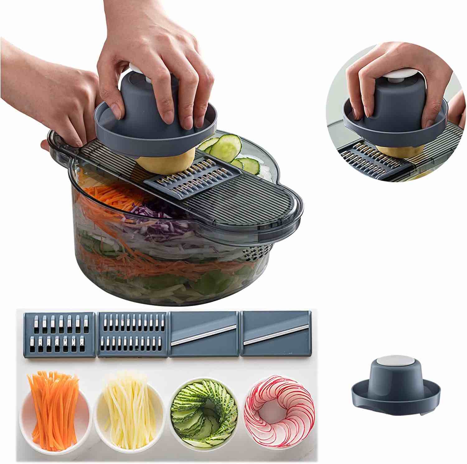 HuBee vegetable slicer, 3-in-1 mandoline slicer with strainer, stylish cheese grater, veggie chopper vegetable cutter, BPA free potato slicer