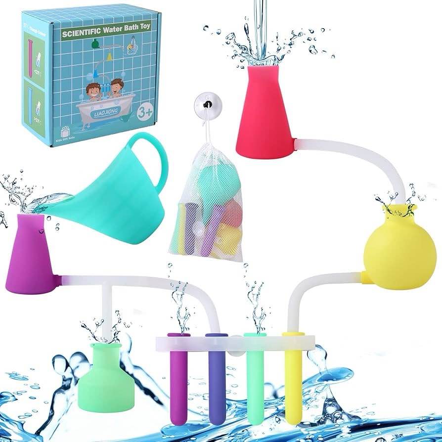 LIAOJIONG Color Changing Toddler Bath Toys - Soft Bath Toys for Kids Ages 4-8 - Silicone Science Mould Set with 4 Flasks 4 Test-Tubes 5 Pipes 1 Beaker 1 Stand 1 Mesh Bag - for Ages 3 and Up (15 PCS)