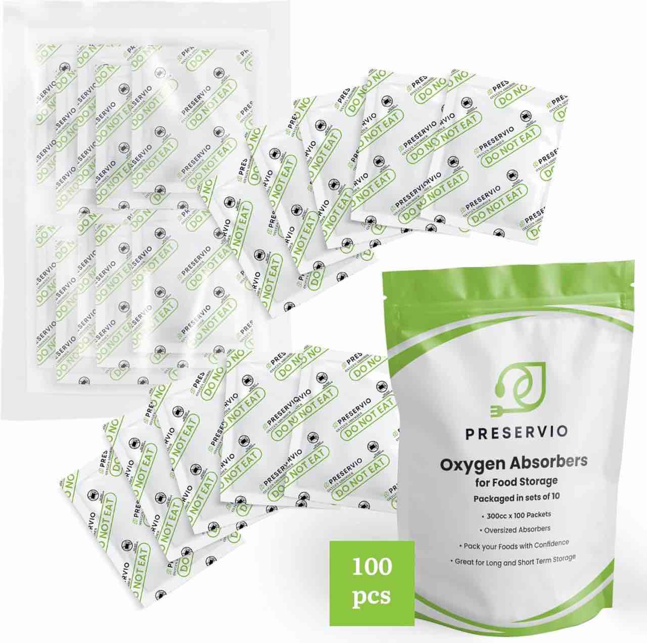 Preservio Oxygen Absorbers 100 Pcs (100CC) with Indicator for Long Term Food Storage, Food Grade Oxygen Absorber Packets for Airtight Containers, Mason Jars, Vacuum Bags and Mylar Bags