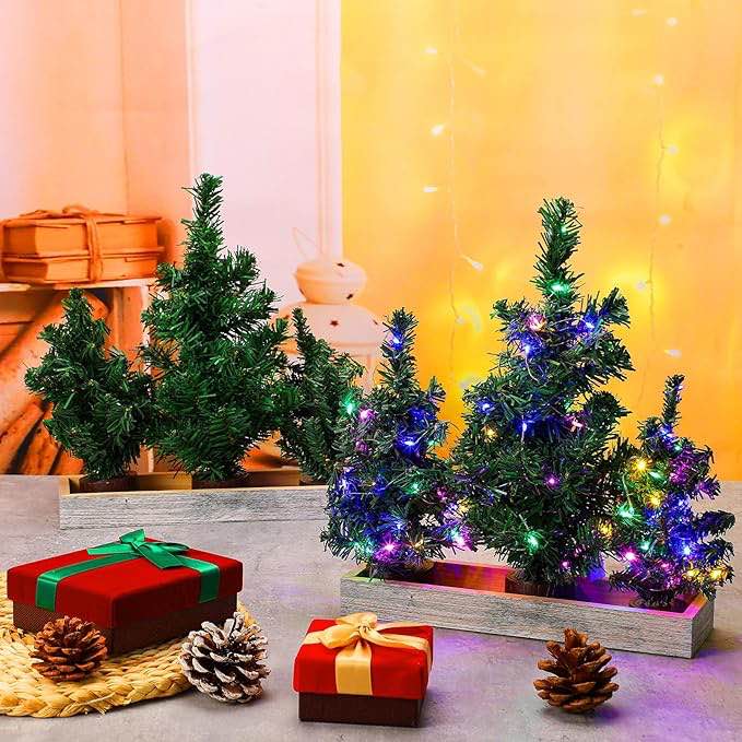 Poen 6 Pack Lighted Mini Christmas Tree Mini Canadian Pine Decor with Wood Bases Artificial Miniature Christmas Trees 2 Pcs Planter Wooden Box for Xmas Season Tabletop Decoration Centerpiece Displays
