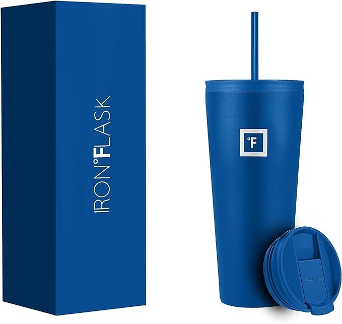 IRON °FLASK Classic Tumbler 2.0-2 Lids (Straw Flip), Vacuum Insulated Stainless Steel Water Bottle, Double Walled, Drinking cup, Thermos Travel Mug - Cobalt, 32 Oz
