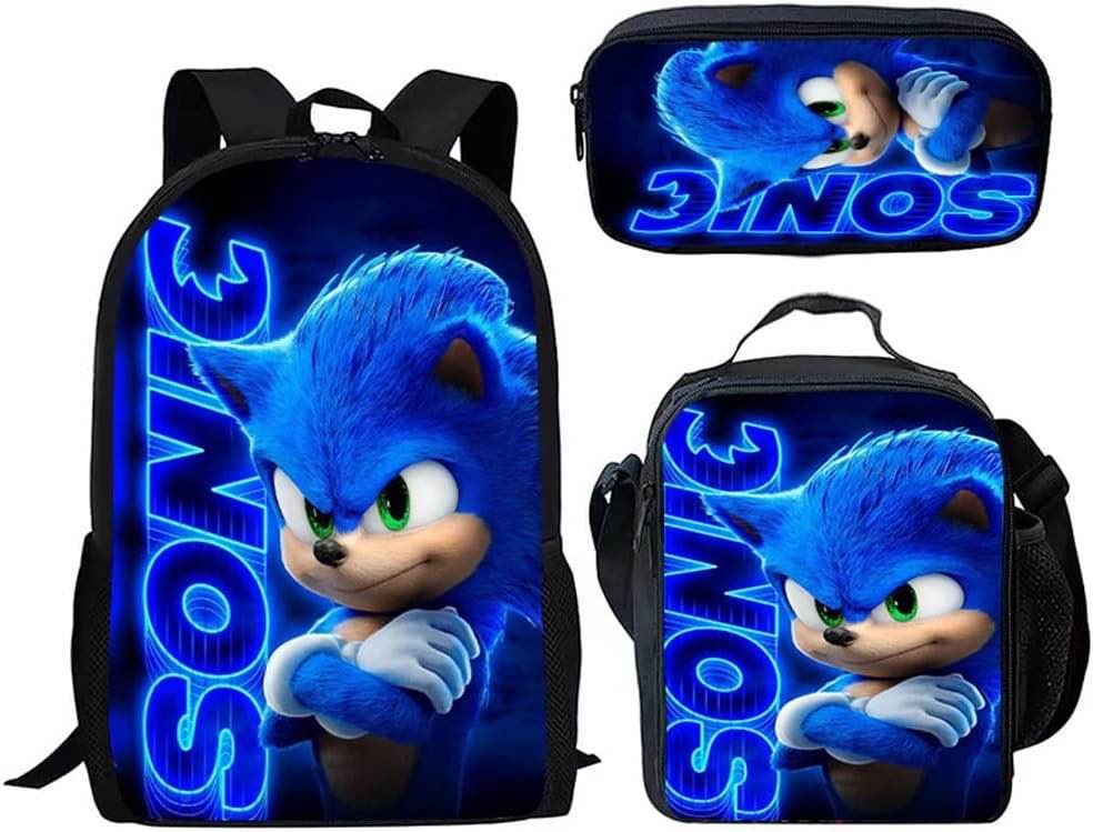 STKASE Sonic Backpack, Anime Cartoon 3D Print Backpacks Bookbag with Pencil Case, Sonic School Backpack Travel Bags Large Capacity Students Backpack Daypack,3 -piece set
