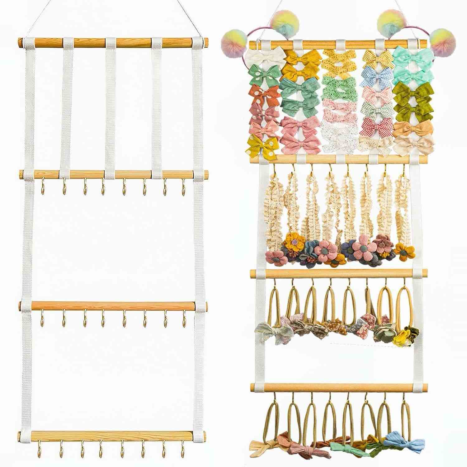 Headband Holder Hair Bow Organizer for Girls, Hanging Baby Girls Bows Accessories Storage Organizer Rack Newborn Hair Clips Holder Home Decor for Wall, Door, Room, Closet (White)