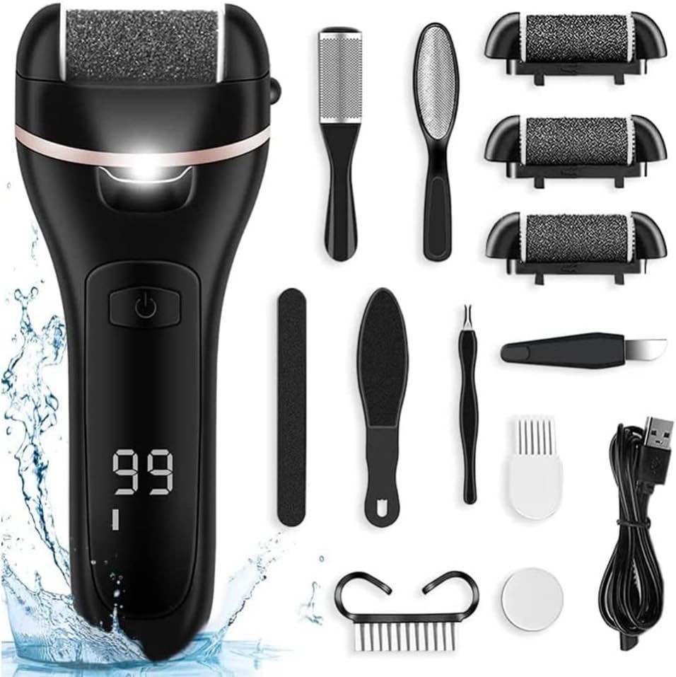 Electric Foot File Pedicure Set, Rechargeable Waterproof Hard Skin Remover with 3 Rolls and 2 Speeds, Callus Remover Foot Care Gift Kit for Cracked Heels Calluses and Dead Skin