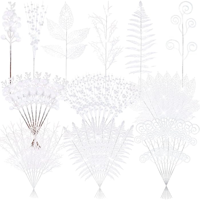 Ceenna 48 Pcs Glitter Christmas Tree Picks and Sprays Artificial Christmas Berries Stems Branches Beaded Stick Floral Twig Spray Leaves for Xmas Tree Ornaments DIY Vase Wreath Crafts (White)