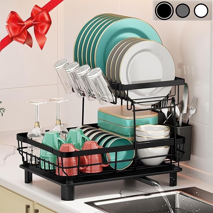 2-Tier Kitchen Dish Drying Rack with Removable Utensil Holder, Large Capacity Drying Rack with Drainboard for Kitchen Sink Counter (Black, Metal)