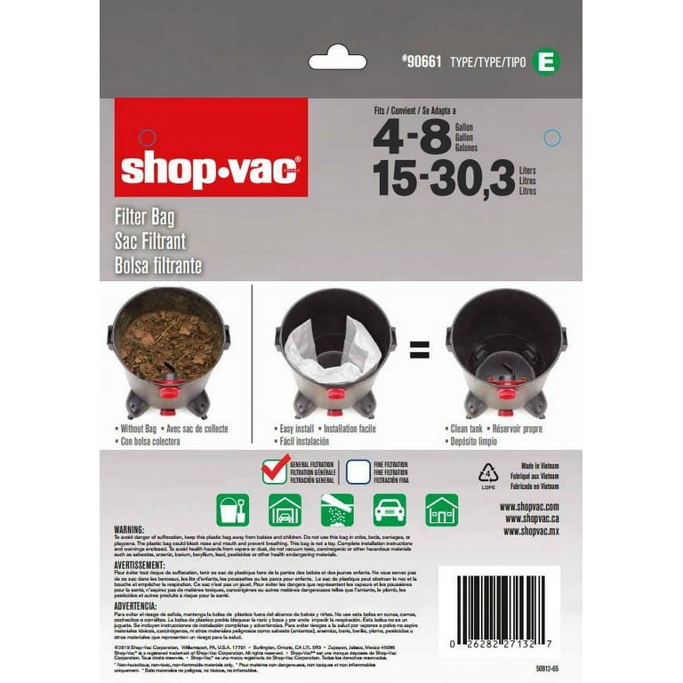 Shop-Vac Three Disposable 4-8 Cleaner Gal Bags Type E in White for Shop-Vacs