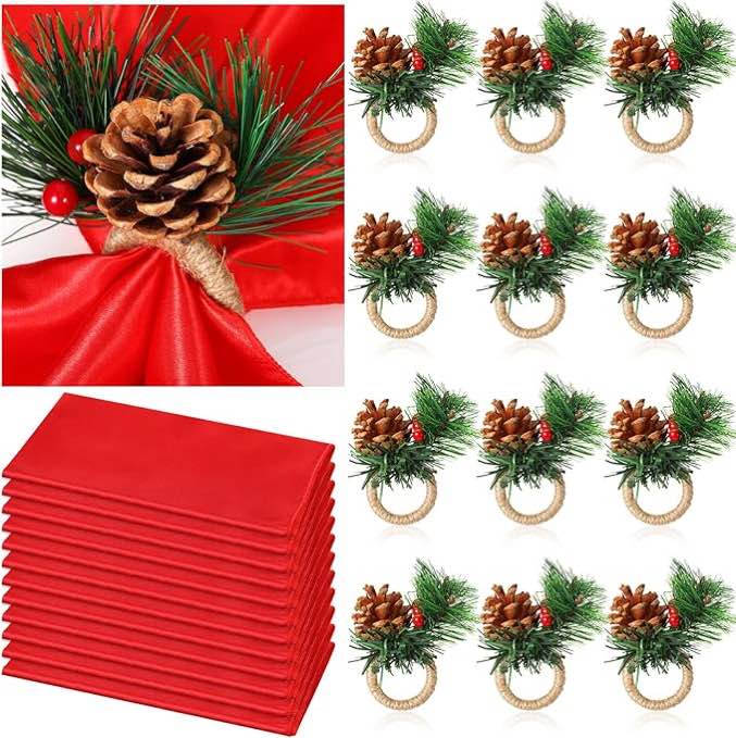 Nitial 24 Pcs Napkin and Rings Set 12 Pcs Golden Napkin Rings 12 Pcs Washable Napkins Cloth for Table Decoration Wedding Birthday Party Events(Red, Pine Cone)