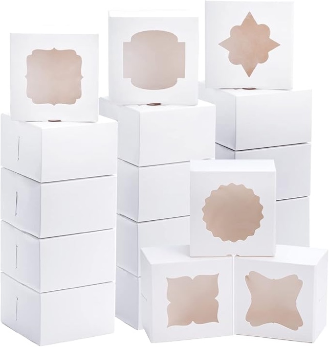 JOYIN 36 Pcs 4X4X2.5 inch Christmas Bakery Cake Boxes with Window, White Plain Kraft Paper Gift Box, Cookie Boxes for Pastries, Cupcakes, Cookies, Brownies, Donuts Gift-Giving