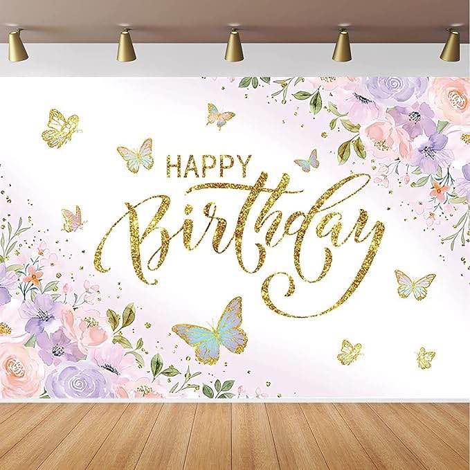 10x8ft Butterfly Happy Birthday Backdrop for Girls Purple Pink Floral Gold Photography Background Banner Newborn Baby Shower Birthday Party Video Wallpaper Photo Studio Props