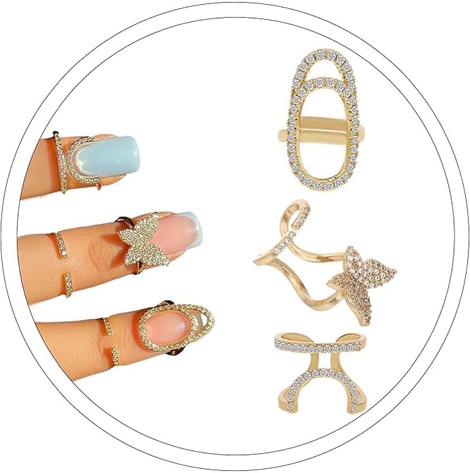 3PCS Gold Silver Nail Ring for Women Rhinestone Tip Nail Rings Jewelry Fingertip,Nail Art Charms Accessories False Nail Crystal Gold Fingernail Rings for Gifts