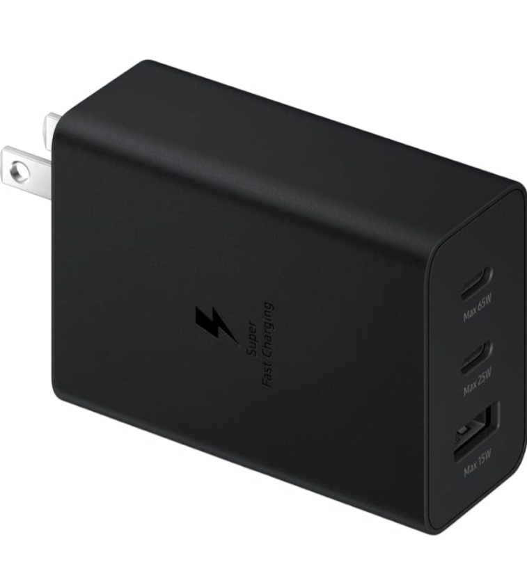 Samsung 65W 3-Port Super Fast Charging Wall Charger, GaN Trio Adapter for Samsung Galaxy S23 Ultra/S23/S23+/S22/S22 Ultra/S22+/S21 Ultra/S20 Ultra/Note 20/Note 10/Z Fold 3/ Earbuds/laptops