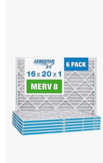 Aerostar 16x20x1 MERV 8 Pleated Air Filter, AC Furnace Air Filter, 6 Pack (Actual size 15 3/4"x 19 3/4" x 3/4")
