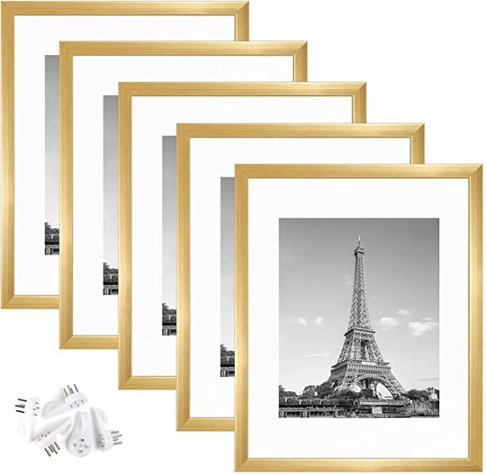 UPSIMPLES 11X14 PICTURE FRAME SET OF 5,DISPLAY PICTURES 8X10 WITH MAT OR 11X9WITHOUT MAT,WALL GALLERY PHOTO FRAMES,GOLD