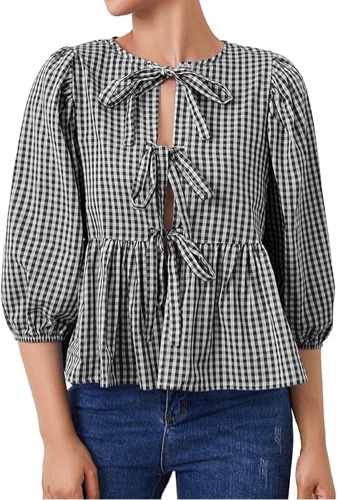 Womens Tie Front Tops Leopard Print Peplum Babydoll Blouse Cute Y2k 3/4 Length Puff Sleeve Going Out Bow Tie Shirt