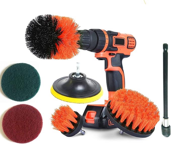 Drill Brush Heavy Duty Stiff Bristle Scrub Brush with 6 Inch Extend & Scrub Pads Cleaning Kit Great for Cleaning Pool Tile,Flooring,Brick,Ceramic,and Grout (Stiff Red)