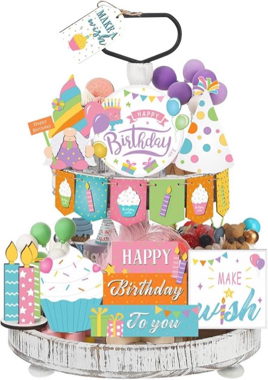 21 Pcs Tiered Tray Decor Set Birthday, Farmhouse Tiered Tray Decor, Kitchen Decor and Accessories Theme Set,Birthday Wooden Signs for Home Table Shelf Kitchen Party Holiday(Birthday Tray Decor)