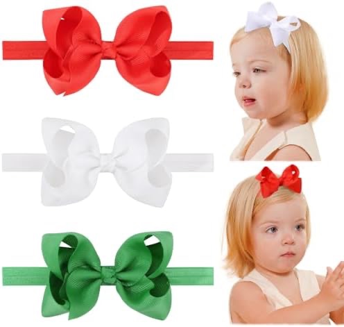jollybows Hairband - 3 PCS 4" Baby Girls Headbands Boutique Grosgrain Ribbon Hair Bows for Baby Girls Infants Toddler Kids Teens and Children - Red, Green, White