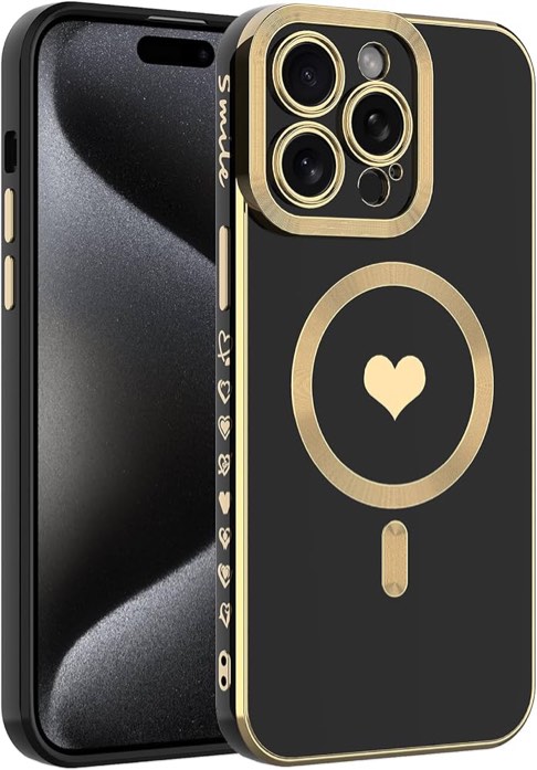 wahhle Magnetic Case for iPhone 13 Pro Max, Luxury Plating Cute Love Heart Phone Cover Compatible with Magsafe for Women Girls with Camera Protector(iPhone 13 Pro Max,Black)