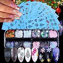 IDALL 16 Sheets Christmas Nail Art Water Transfer Stickers & 12 Boxes Small& Large Holographic Laser Snowflake Sequins Nail Paillettes Christmas Set Manicure DIY Nail Decorations