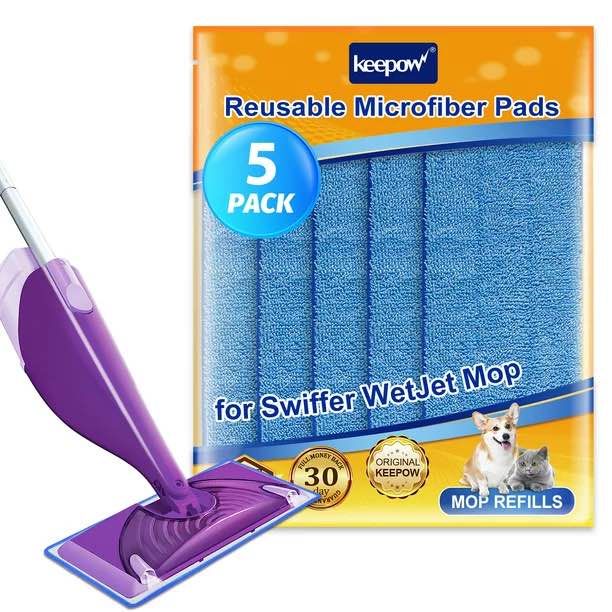 Reusable Mop Pads Compatible with Swiffer Wet Jet, Replacement Refills Mop Pads for Floor Cleaning, 5 Pack