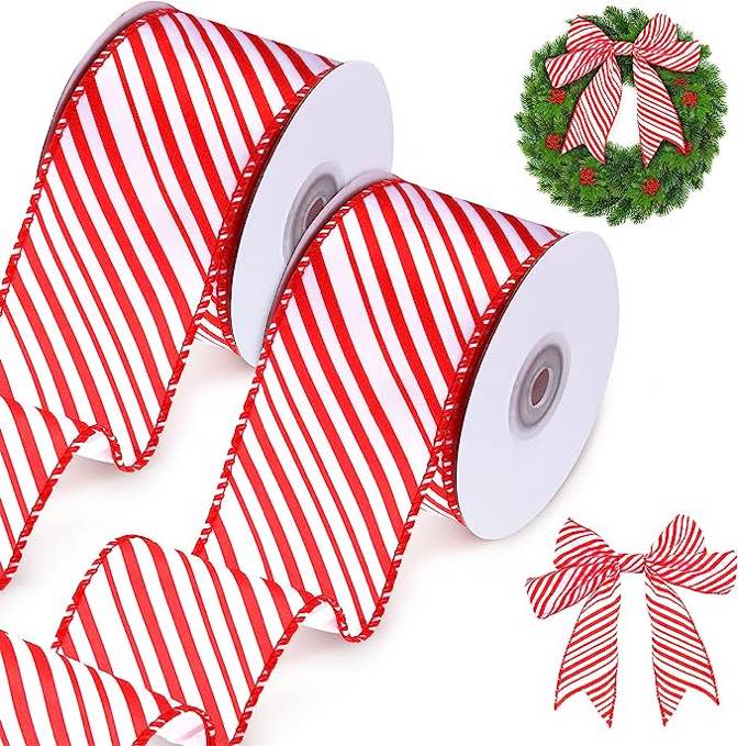2 Rolls Christmas Candy Cane Fabric Craft Ribbon Christmas Red White Wired Edge Candy Swirls Ribbon 2.5 Inch x 12 Yards
