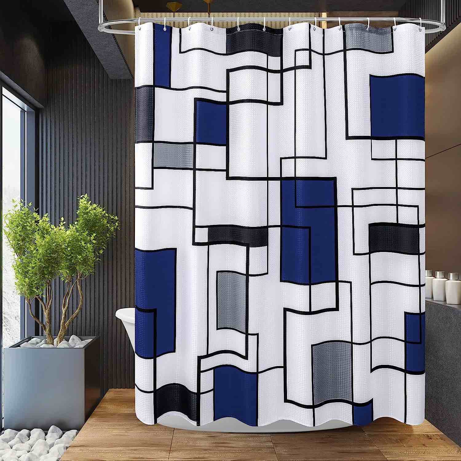 Gibelle Navy Blue Shower Curtain, Black Grey White Geometric Modern Bathroom Decor Accessories, Waffle Weave Texture Fabric Shower Curtain Set with Hooks, Water Repellent, 72x72