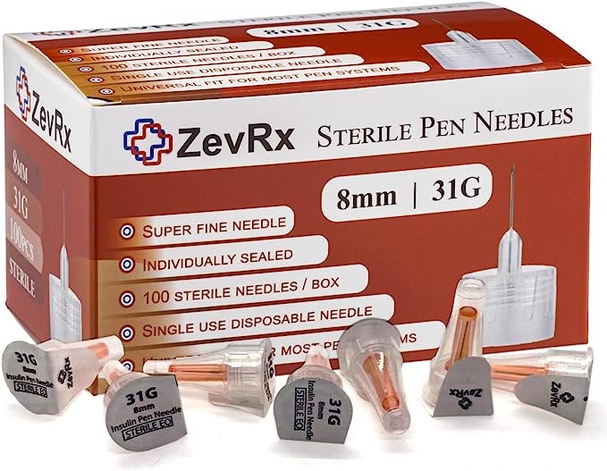 ZevRx 8 mm, calibre 31, ajuste universal estéril, para la mayoría de sistemas de bolígrafos, caja de 100 unidades