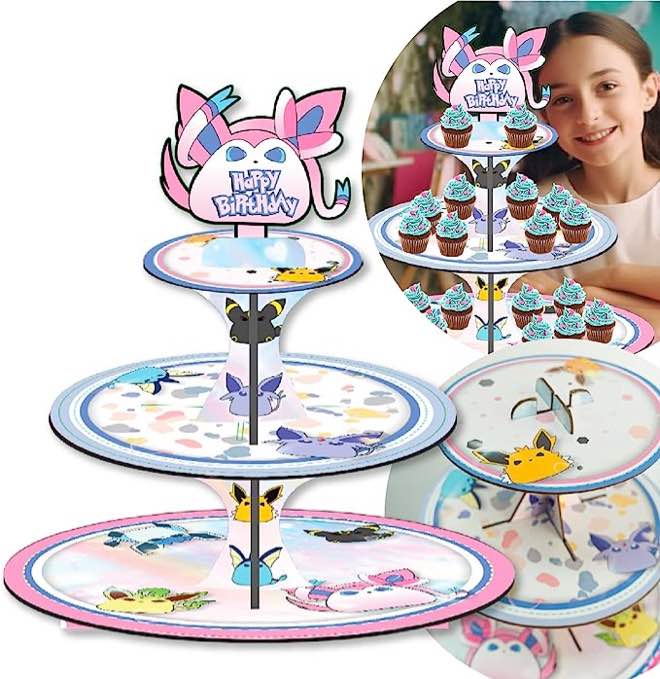 Poke Cartoon Party Supplies, 3 Tier Cupcake Stands, Pink, Orange, Decoration Supply For Big Events, Kids ,Boys, Girls, Baby Birthday Parties Decorations, Cupcake Holder, Desserts Tower (Pink Fairy)