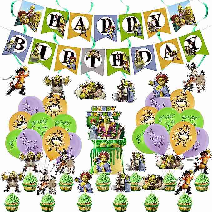 Shrek Birthday Party Decorations,Cartoon Sherk Theme Party Supplies Birthday Decorations for Boys Girls with Happy Birthday Banner,Cake Topper,Cupcake Toppers,Balloons,Swirls Decorations