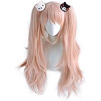 XPIWHTOW WKS Junko Enoshima Cosplay Wig+Keychain, Pink Lolita Long Curly Clip with Ponytails Wig and Junko Keychain