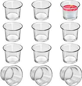 BELLE VOUS 12 Pack Votive Candle Holders - Clear Chunky Glass Lip Candle and Tealight Holders - Each Measure 4.5 x 4.5cm (1.8 x 1.8 inch) - For Weddings, Dinner Parties, Spas and Meditation
