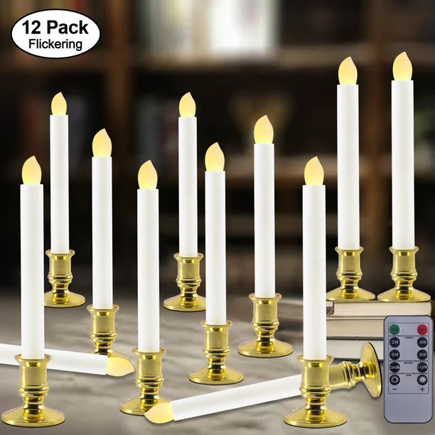 12 PCS LED Window Candles with Remote Timer Battery Operated Flameless Taper Christmas Candles Light with Gold Base Flickering Warm White Light