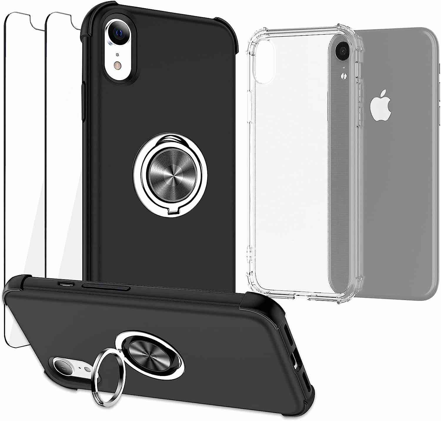 DREKEMU [4 in 1 Compatible with iPhone XR Case with 2 Screen Protector, [2 Case] Black Military-Grade Shockproof Phone Case with Magnetic Ring Kickstand and Flexible Clear TPU Case