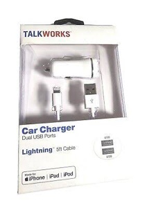 Talkworks Iphone Car Charger Fast Dual Usb By 17w/3.4a 5ft Lightning Cable White