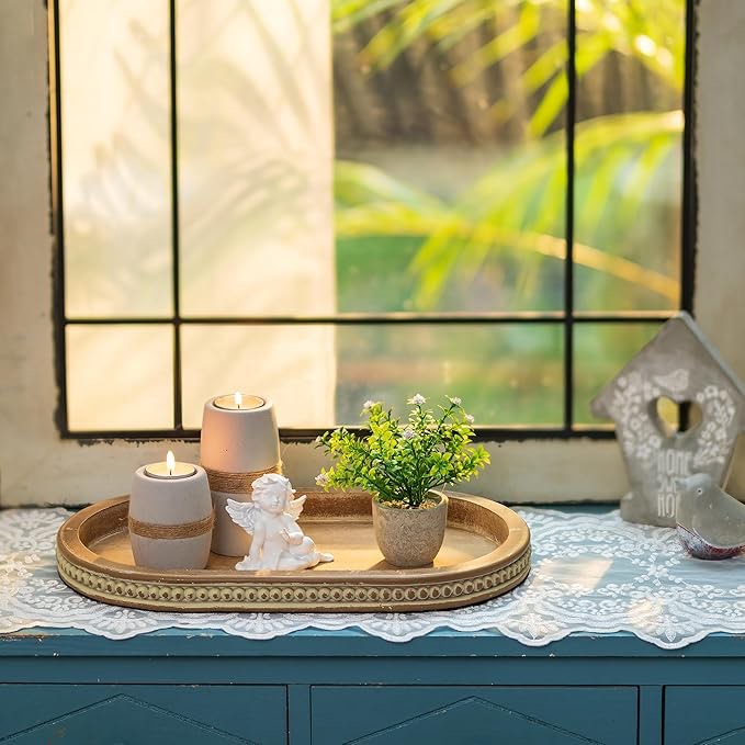 Decorative Serving Tray Wood ? Table Decor for Coffee Table Rustic Wooden Trays Farmhouse Centerpiece for Living Room, Kitchen Counter (Content May Vary)