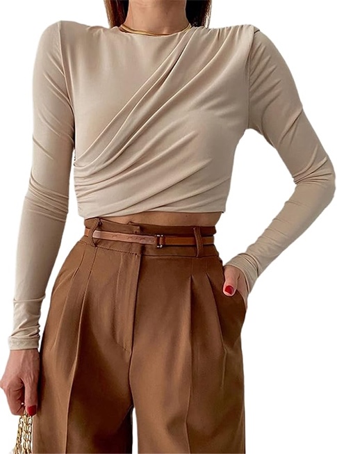 (X-Small) Hilinker Women's Ruched Long Sleeve Shirt Crew Neck Skinny Solid Crop Top T Shirt
