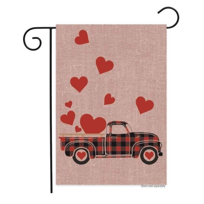 Happy Valentines Day Truck Garden Flag Red Buffalo Plaid 12 x 18 Double Sided Love Heart Truck Valentines Burlap Garden Yard Flags for Valentine's Day Decor Yard Outdoor Decoration